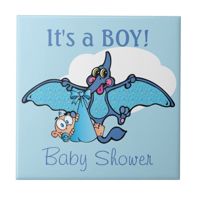 Pterodactyl Dinosaur It's a Boy Baby Shower Ceramic Tile (Front)