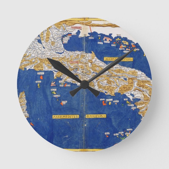 Ptolemaic Map of Italy, 1482 (coloured litho) Round Clock (Front)