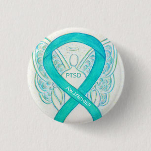 PTSD Awareness Ribbon Teal Angel Custom Art Pins