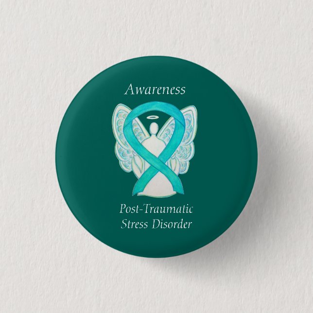 PTSD Awareness Ribbon Teal Angel Custom Art Pins (Front)