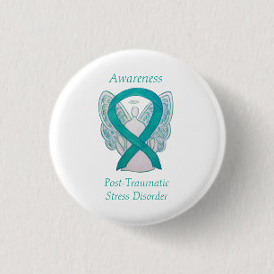 PTSD Awareness Ribbon Teal Angel Custom Art Pins