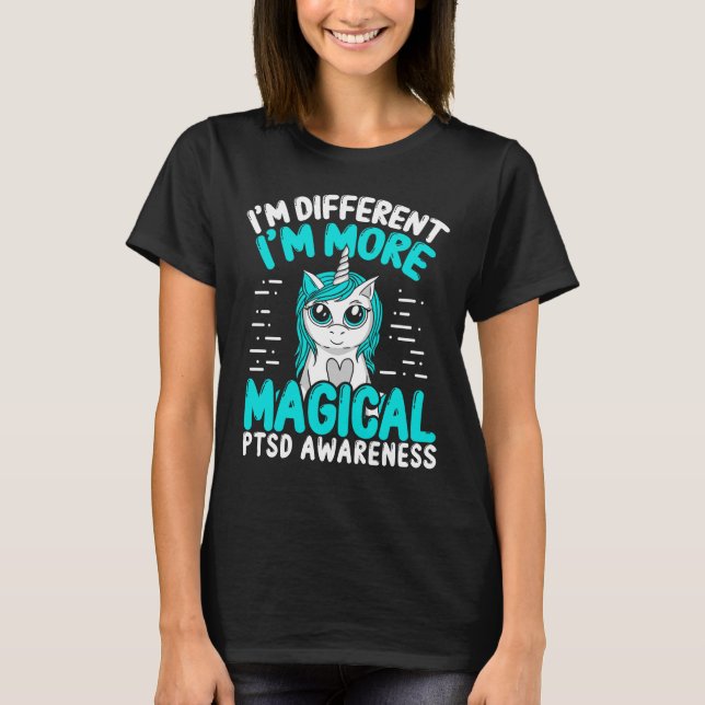 PTSD Awareness Unicorn Veteran Teal Ribbon T-Shirt (Front)