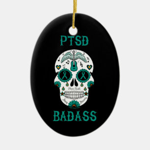 PTSD Badass sugar skull Ceramic Tree Decoration