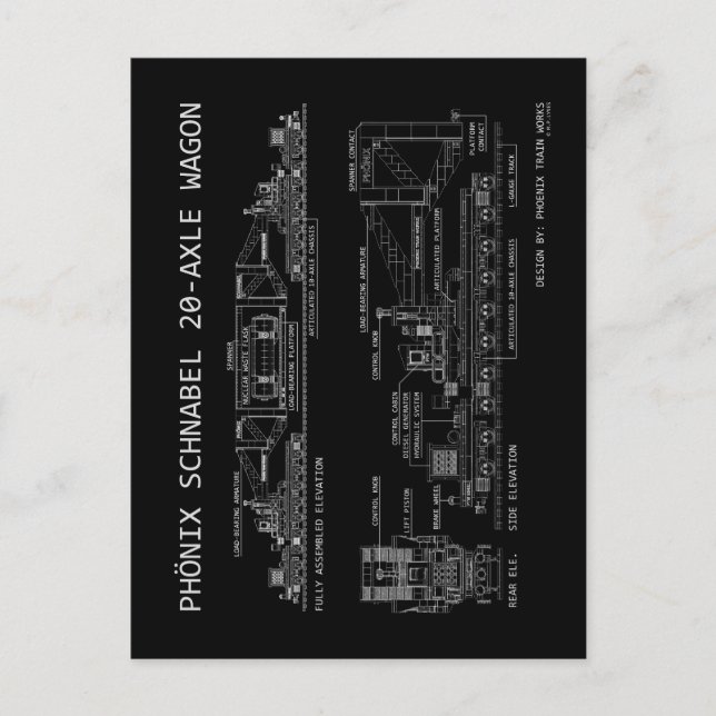 PTW Schnabel Train Wagon Technical "Blueprint" Postcard (Front)