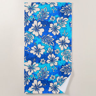 Pua Aloha Hawaiian Heart Shaped Hibiscus Blue Beach Towel