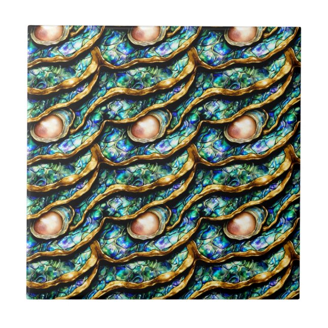Puau seashell blue gold pearl seamless pattern ceramic tile (Front)