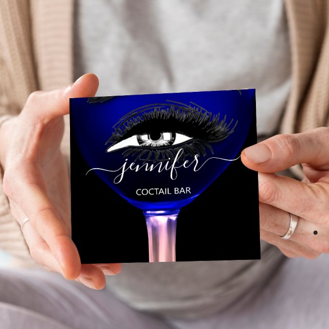 Pub Cocktail Pink Navy  Wine Bar Drink Glass Logo  Square Business Card (Creator Uploaded)