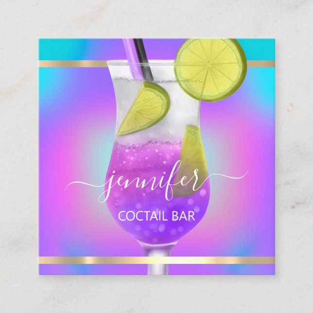 Pub Coctail Wine Bar Drink Pink Aqua Holographic Square Business Card (Front)