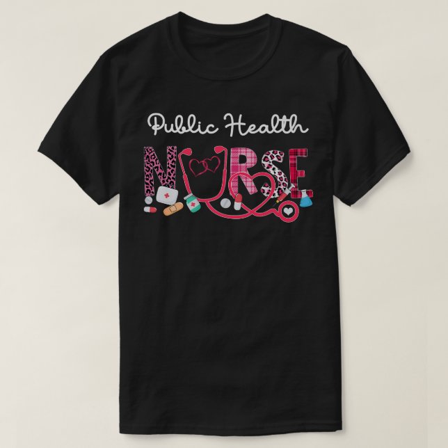Public Health Nurse Leopard Plaid Love Heart Steth T-Shirt (Design Front)