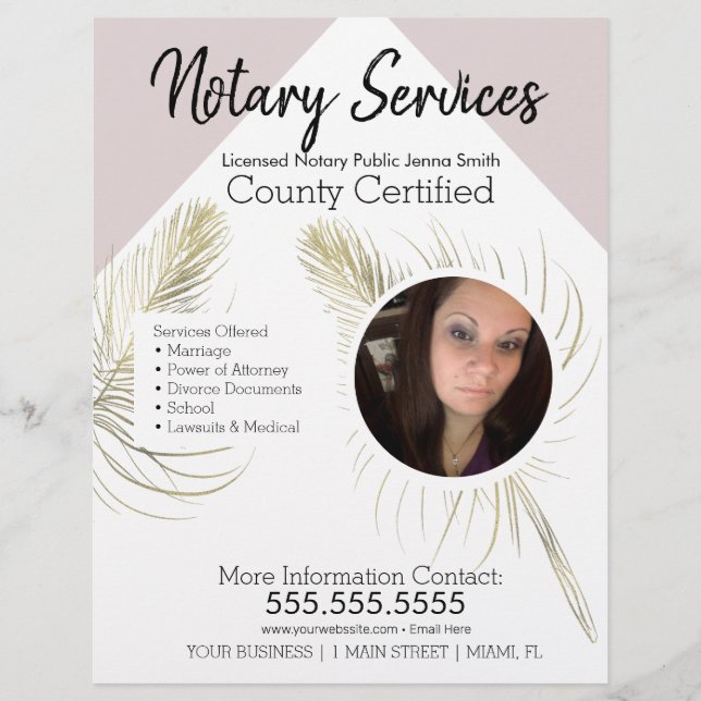 Public Notary Services Pink Gold Photo Business Flyer (Front)