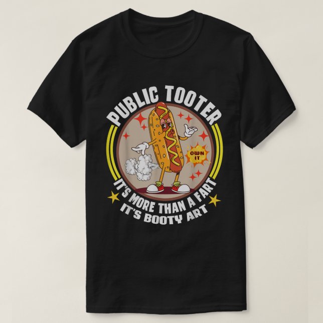 Public Tooter Funny Hot Dog Fart Tee (Design Front)