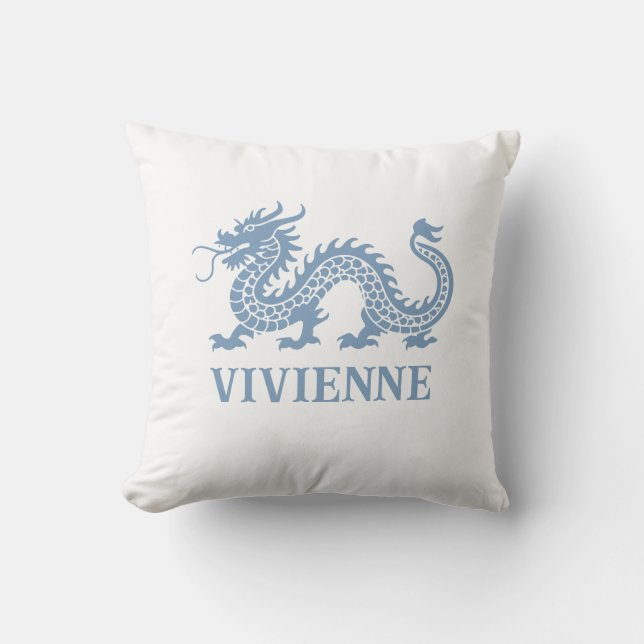 Puddle Blue Chinoiserie Dragon Custom Name Cushion (Front)