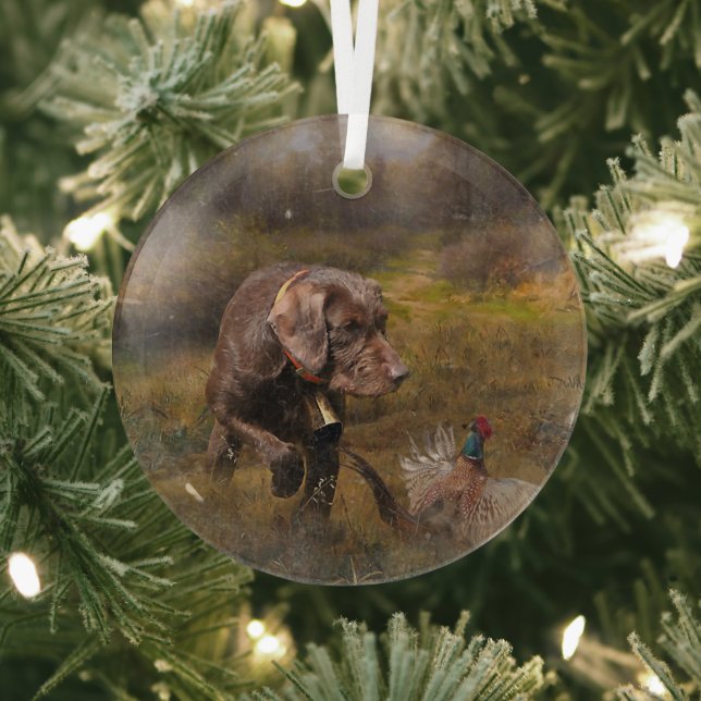 Pudelpointers, Hunting pheasant   Glass Tree Decoration (Insitu)