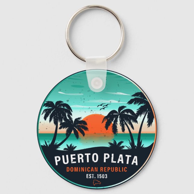 Puerto Plata Dominican Retro Sunset Souvenir 60s Key Ring (Front)