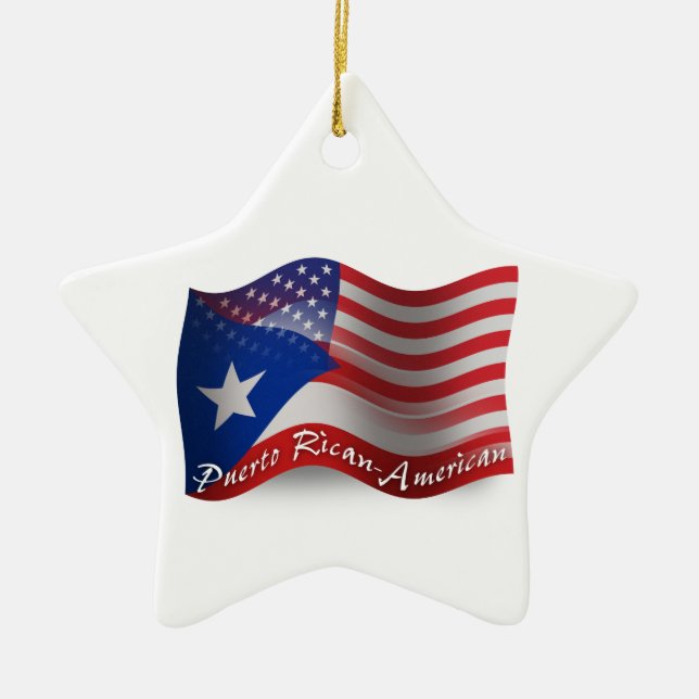 Puerto Rican-American Waving Flag Ceramic Tree Decoration (Front)