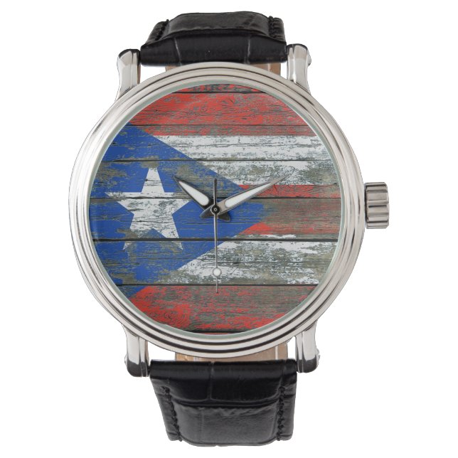 Puerto Rican Flag on Rough Wood Boards Effect Watch (Front)