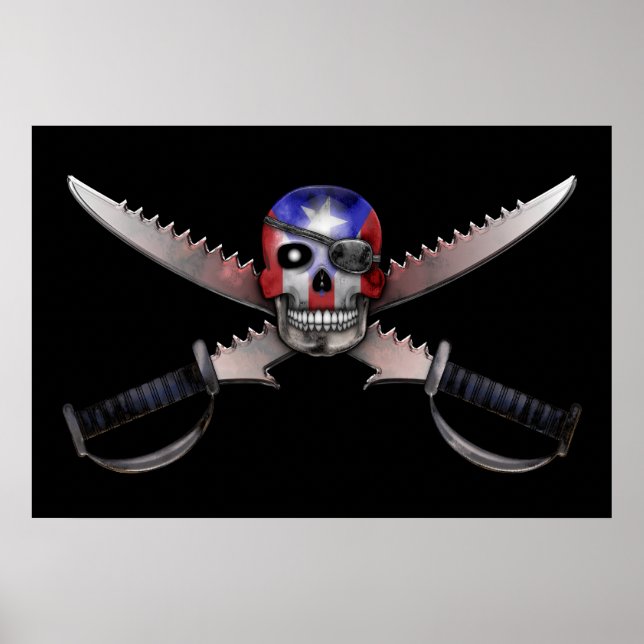 Puerto Rican Flag - Skull and Crossed Swords Poster (Front)
