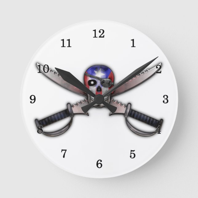 Puerto Rican Flag - Skull and Crossed Swords Round Clock (Front)