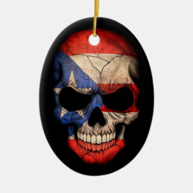 Puerto Rican Flag Skull on Black Ceramic Tree Decoration (Front)