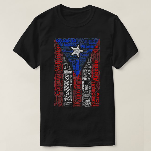 Puerto Rican Flag  with Towns and Cities of Puerto T-Shirt (Design Front)