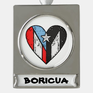 Puerto Rican Flags   Boricua Heart, Puerto Rico  Silver Plated Banner Ornament