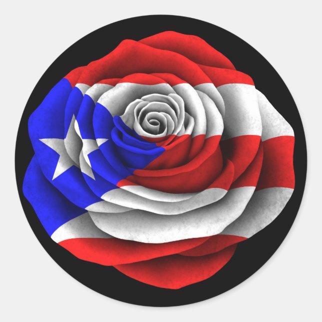 Puerto Rican Rose Flag on Black Classic Round Sticker (Front)