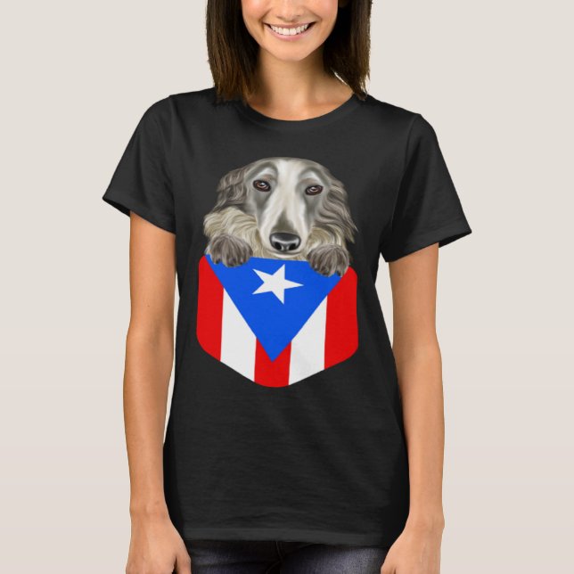 Puerto Rico Flag Borzoi Dog In Pocket T-Shirt (Front)