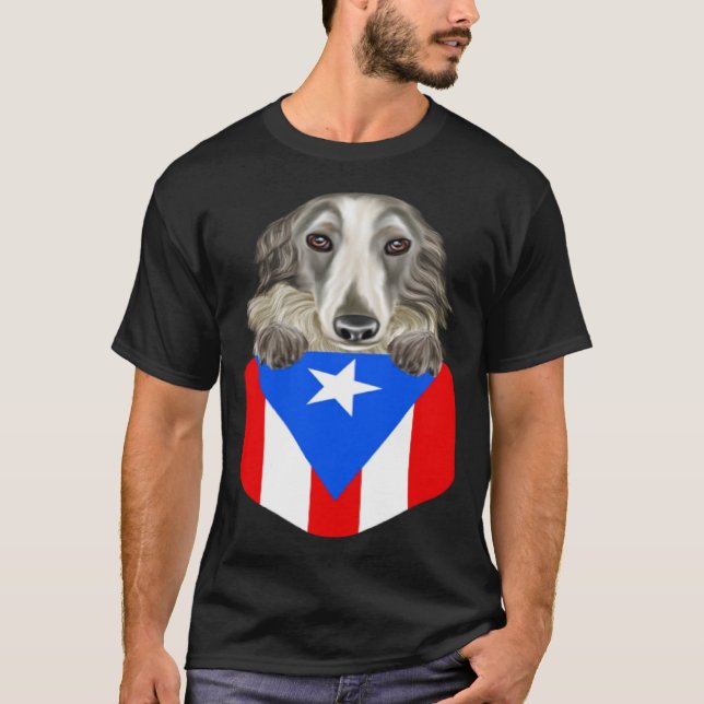 Puerto Rico Flag Borzoi Dog In Pocket T-Shirt (Front)
