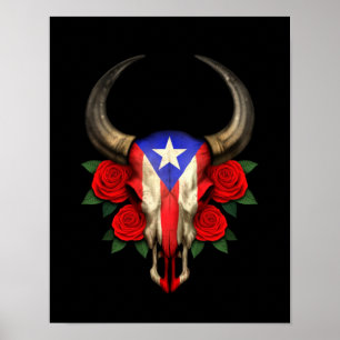 Puerto Rico Flag Bull Skull with Red Roses Poster