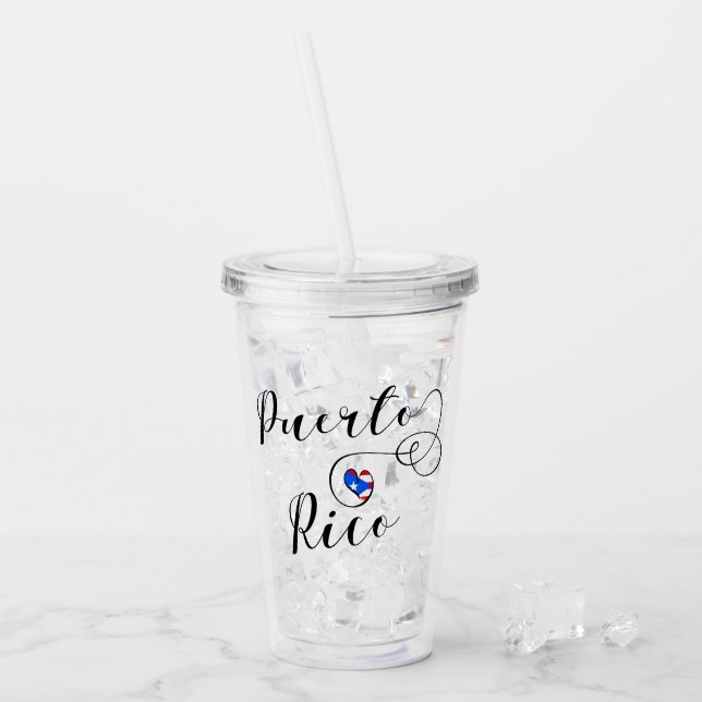 Puerto Rico Flag Heart Script, Puerto Rican Flag Acrylic Tumbler (Front Ice)