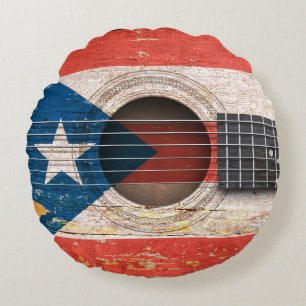 Puerto Rico Flag on Old Acoustic Guitar Round Cushion