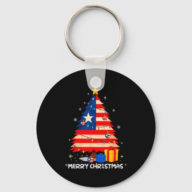 Puerto Rico Flag Tree Lights Christmas Pajamas -co Key Ring (Front)