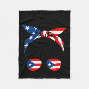 Puerto Rico Girl Messy Bun Sunglasses Patriotic Fleece Blanket