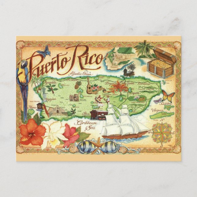 Puerto Rico Illustrated Map Postcard (Front)