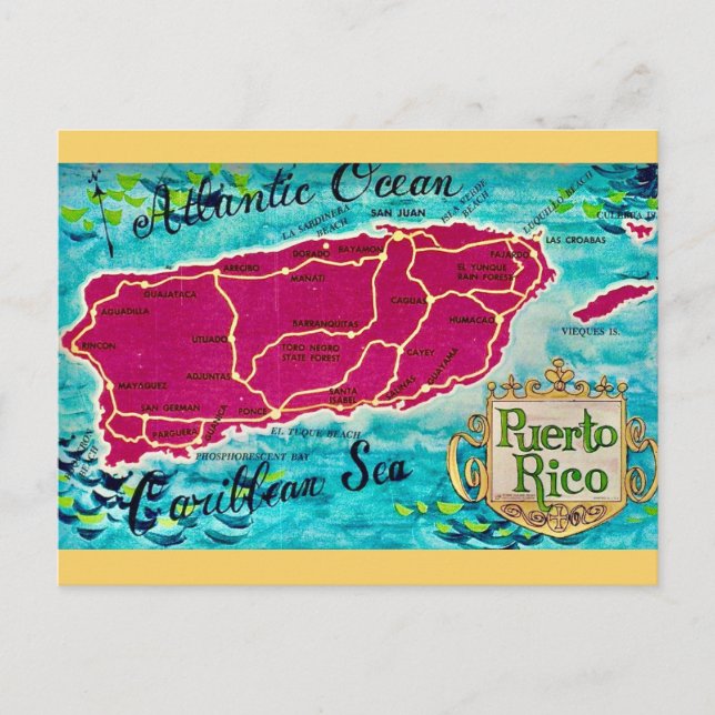  Puerto Rico Island Old  Map Postcard (Front)