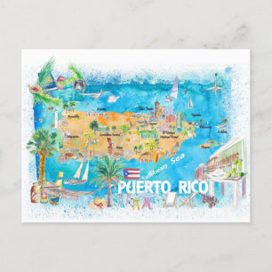 Puerto Rico Islands Illustrated Travel Map Postcard