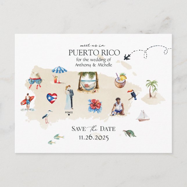 Puerto Rico Map Destination Wedding Save the Date Postcard (Front)