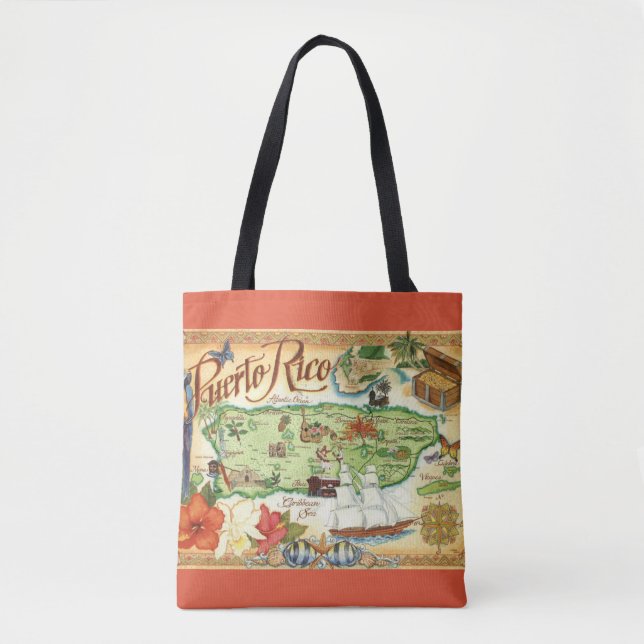 Puerto Rico Postcard Map Shoulder Tote Bag (Front)