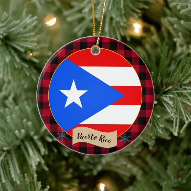 Puerto Rico, Red buffalo plaid & Puerto Rican Flag Ceramic Ornament (Tree)