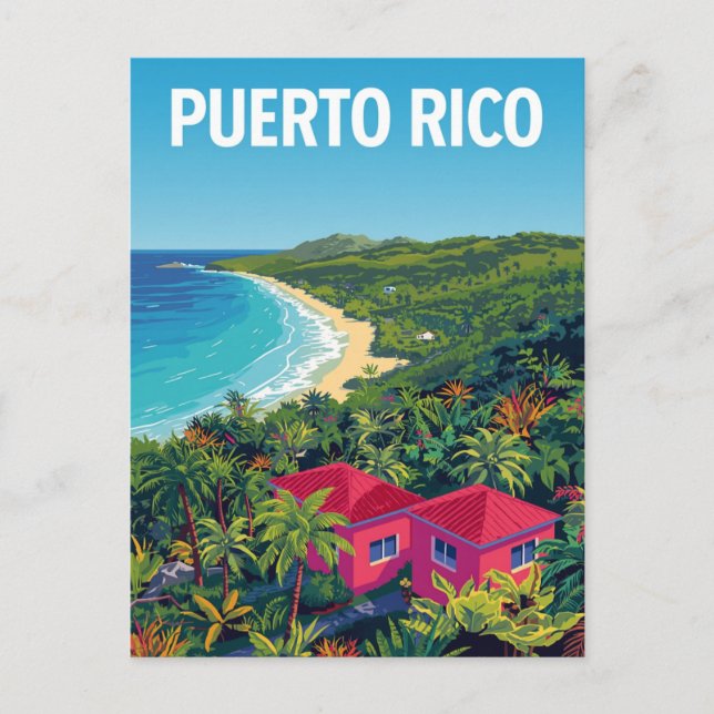 Puerto Rico Tropical Beach Retro Postcard (Front)
