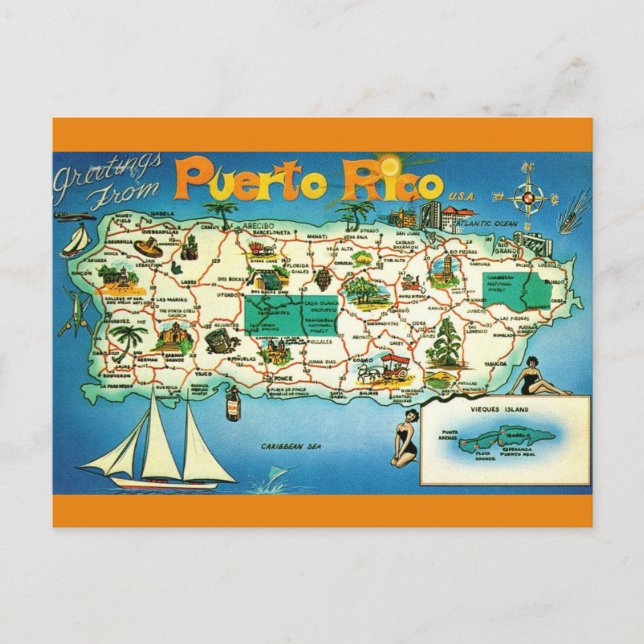 Puerto Rico Vieques Islands Map Postcard (Front)