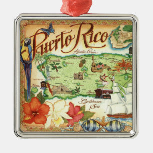 Puerto Rico Vintage Illustrated Map Metal Ornament