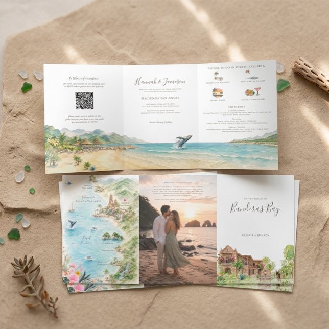 Puerto Vallarta Illustrated Wedding Map Tri-Fold Invitation (Creator Uploaded)