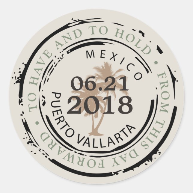 Puerto Vallarta Mex Passport Stamp with Palm Trees Classic Round Sticker (Front)