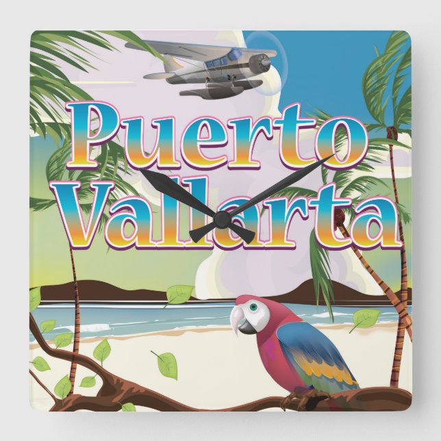 Puerto Vallarta, Mexican vacation poster Square Wall Clock (Front)