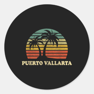 Puerto Vallarta Mexico Beach Palm Tree Retro 70s B Classic Round Sticker