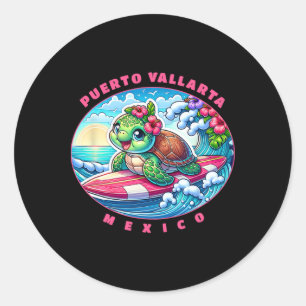 Puerto Vallarta Mexico Girls Cute Surfing Sea Turt Classic Round Sticker