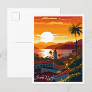 Puerto Vallarta Mexico vintage travel illustration Postcard