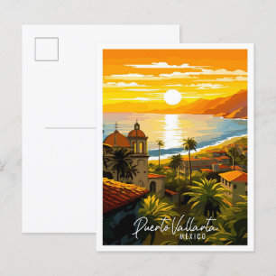 Puerto Vallarta Mexico vintage travel illustration Postcard