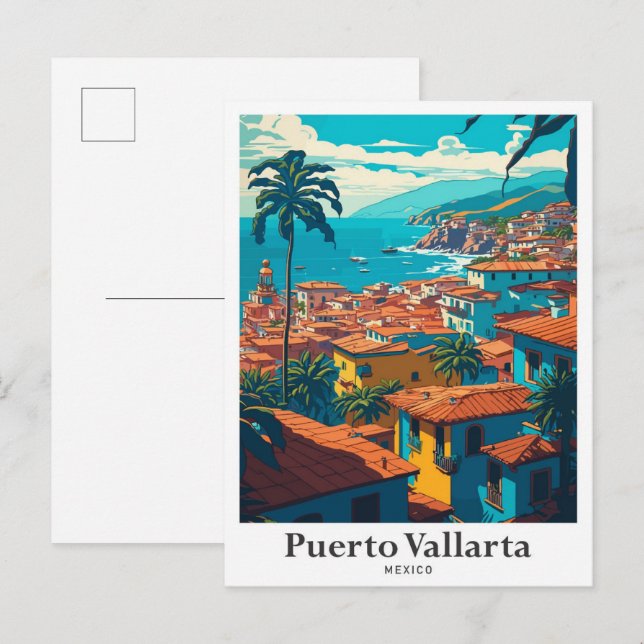 Puerto Vallarta Mexico Vintage Travel Illustration Postcard (Front/Back)